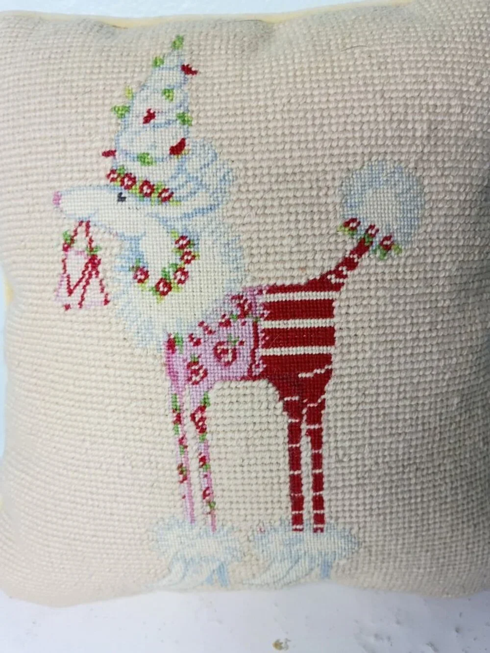 Vtg Wool Needlepoint Fancy Flower Dog Throw Pillow Velvet Back Whimsical 10x9.5